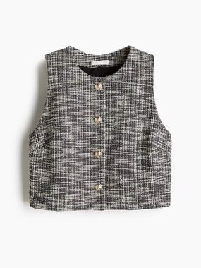 H&M Black & White Tweed Button-Front Cropped Vest Size S NWT